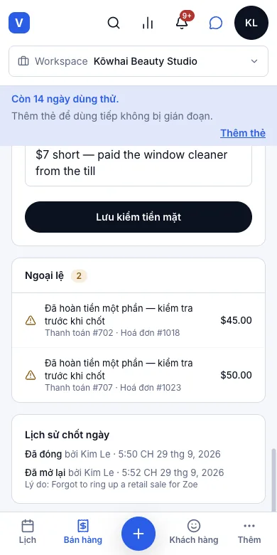 Mở lại ngày đã khoá, có lý do và lịch sử — Kết quả — Lịch sử chốt ngày: đã chốt, rồi mở lại kèm lý do — Điện thoại
