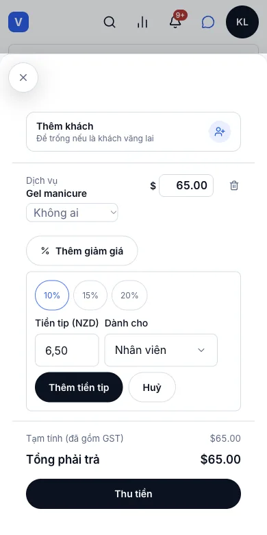 Tiền tip, tách khỏi doanh thu — Tip 10% cho nhân viên — Điện thoại