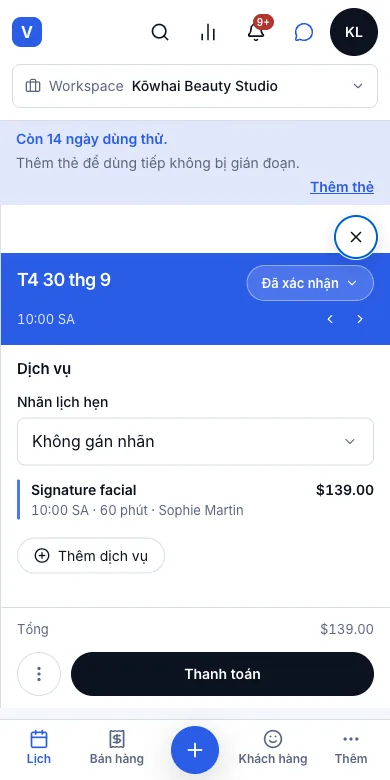 Đặt, đổi giờ và huỷ lịch hẹn — Kết quả — lịch hẹn Đã xác nhận, sẵn nút Thanh toán — Điện thoại