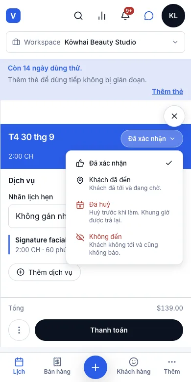 Đặt, đổi giờ và huỷ lịch hẹn — Bước 1–2 — menu trạng thái — Điện thoại