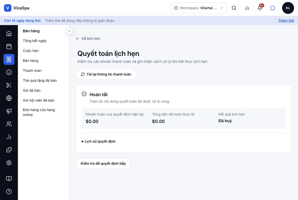 Đặt, đổi giờ và huỷ lịch hẹn — Kết quả — đã quyết toán, kết quả Đã huỷ — Máy tính