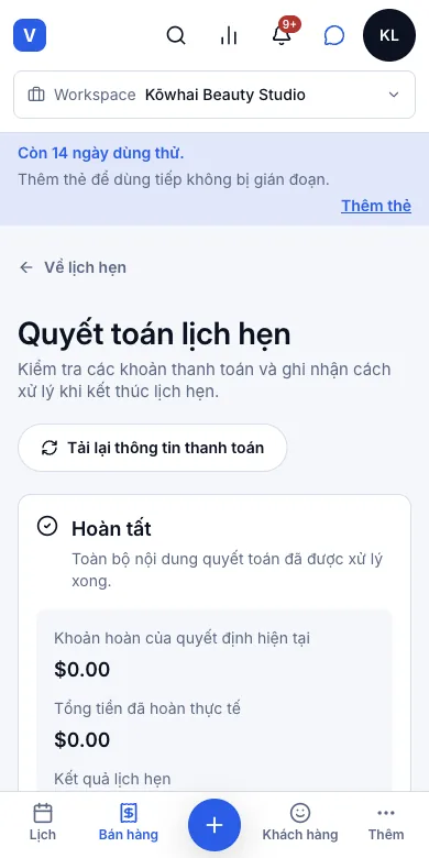 Đặt, đổi giờ và huỷ lịch hẹn — Kết quả — đã quyết toán, kết quả Đã huỷ — Điện thoại