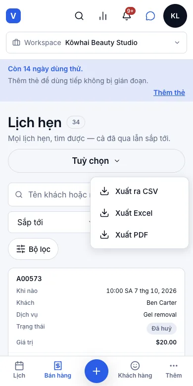 Xuất danh sách lịch hẹn ra CSV — Tuỳ chọn — Xuất ra CSV, Excel hoặc PDF — Điện thoại