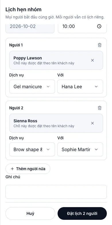 Lịch hẹn nhóm (nhiều khách, cùng một giờ) — Hai khách, mỗi người một dịch vụ và một người làm — Điện thoại