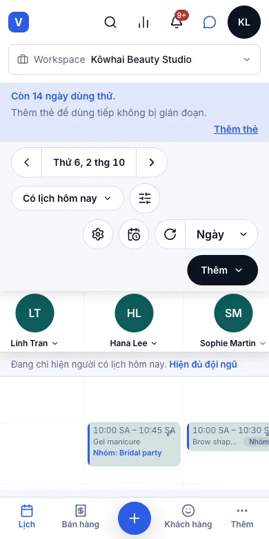 Lịch hẹn nhóm (nhiều khách, cùng một giờ) — Kết quả — cả hai lúc 10:00, gắn nhãn nhóm — Điện thoại