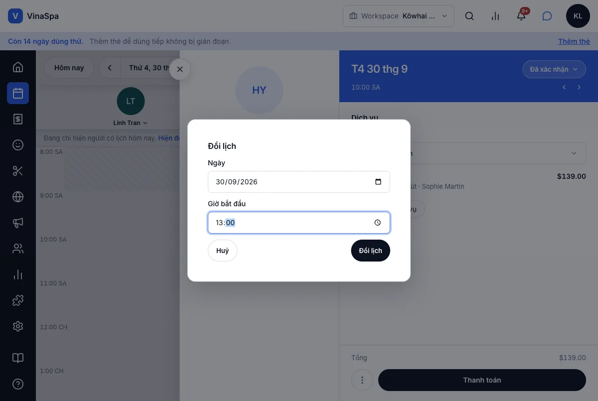 Đặt, đổi giờ và huỷ lịch hẹn — Đổi lịch — giờ bắt đầu mới 13:00 — Máy tính