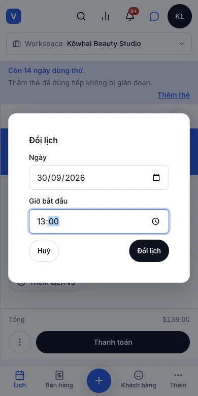 Đặt, đổi giờ và huỷ lịch hẹn — Đổi lịch — giờ bắt đầu mới 13:00 — Điện thoại