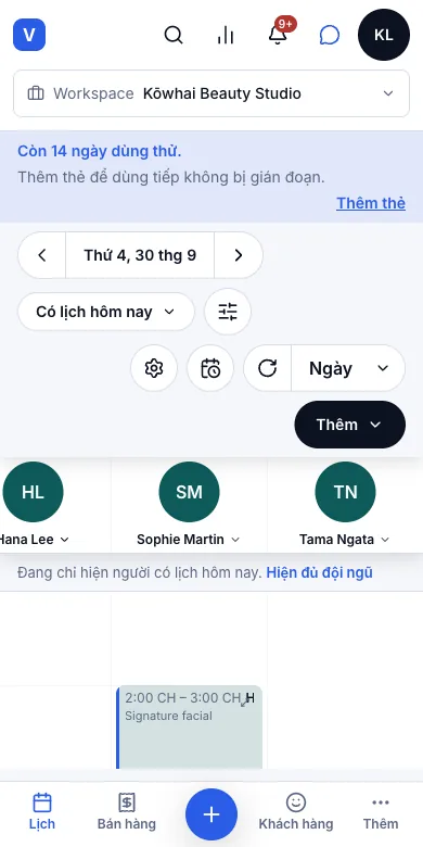 Đặt, đổi giờ và huỷ lịch hẹn — Kết quả — lịch hẹn giờ ở 2:00 chiều (đã đổi hai lần) — Điện thoại