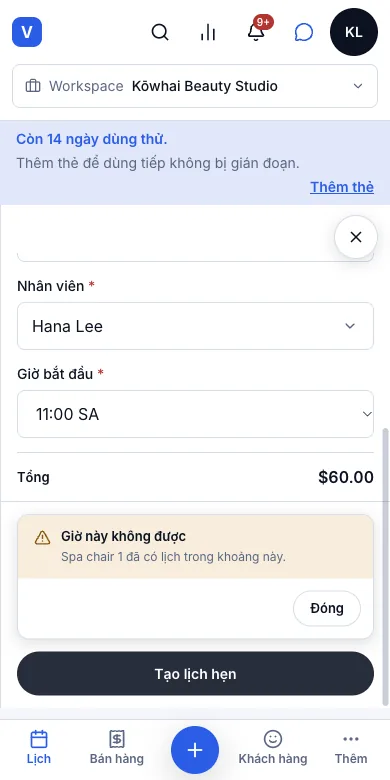 Ghế, phòng, thiết bị không bị đặt trùng — Kết quả — lịch thứ hai trên cùng ghế bị từ chối — Điện thoại