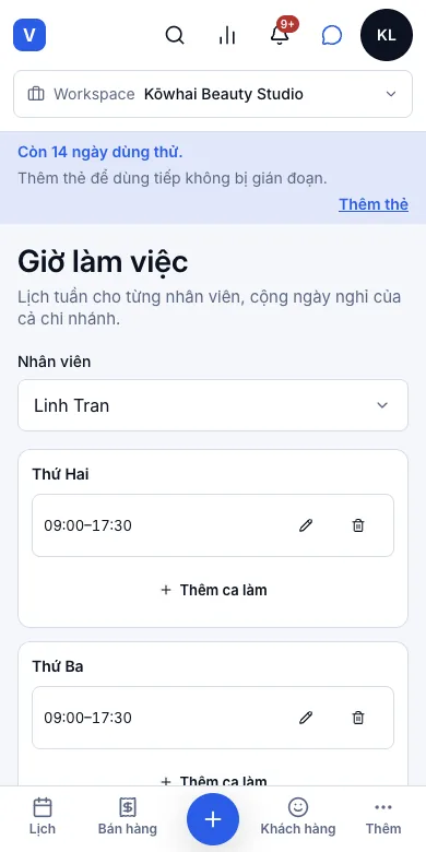 Ca làm theo tuần và ngày tiệm đóng cửa — Tuần làm việc của Linh — Điện thoại
