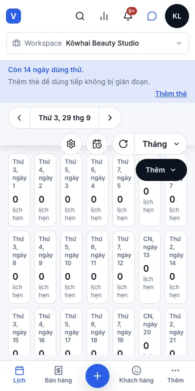 Kiểu xem lịch: ngày, 3 ngày, tuần, tháng — Kiểu xem tháng — số lịch hẹn mỗi ngày — Điện thoại