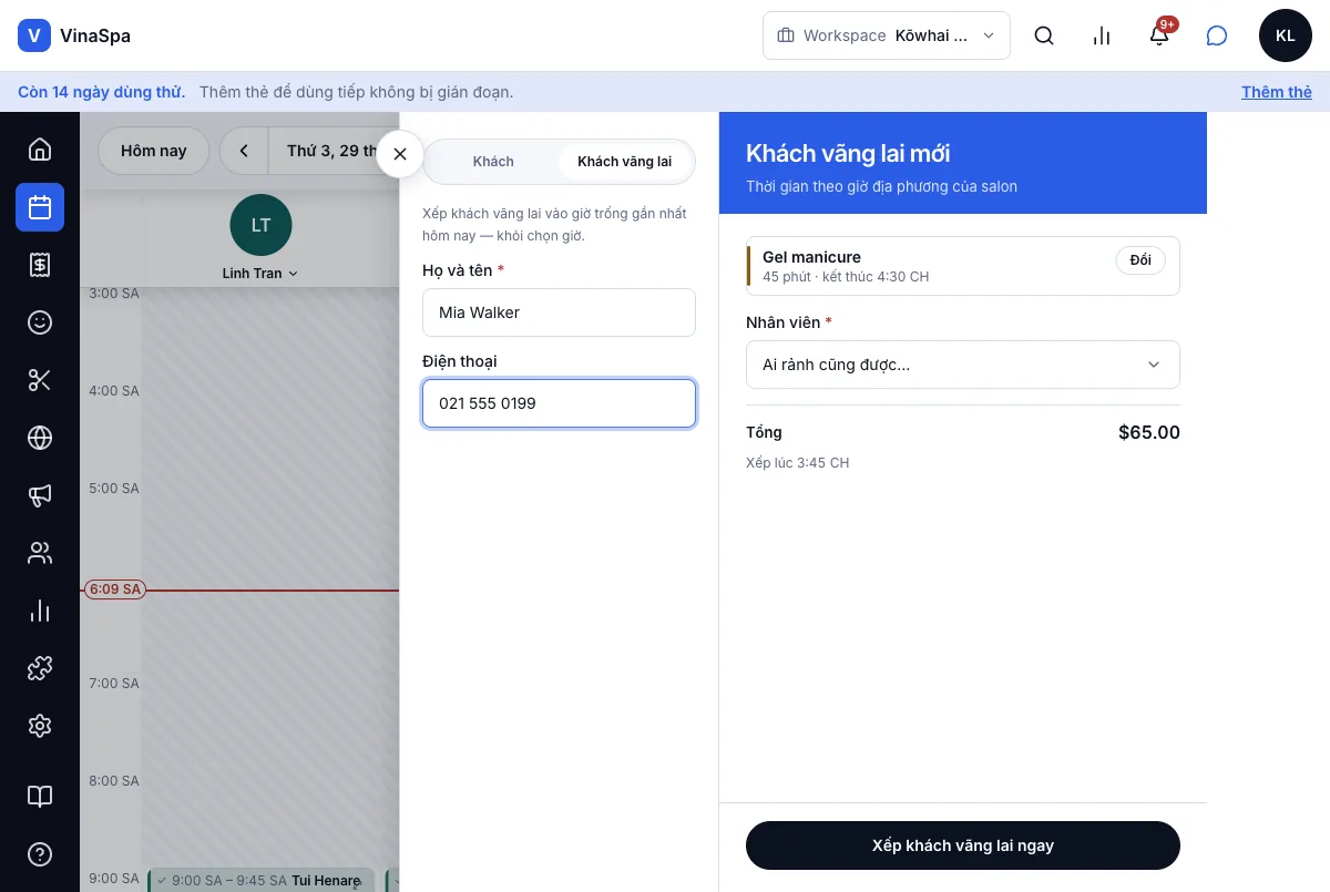 Khách vãng lai, tự xếp vào giờ trống gần nhất — Xếp lúc 3:45 chiều, kết thúc 4:30 — Máy tính