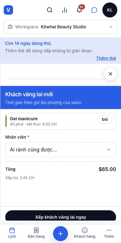 Khách vãng lai, tự xếp vào giờ trống gần nhất — Xếp lúc 3:45 chiều, kết thúc 4:30 — Điện thoại