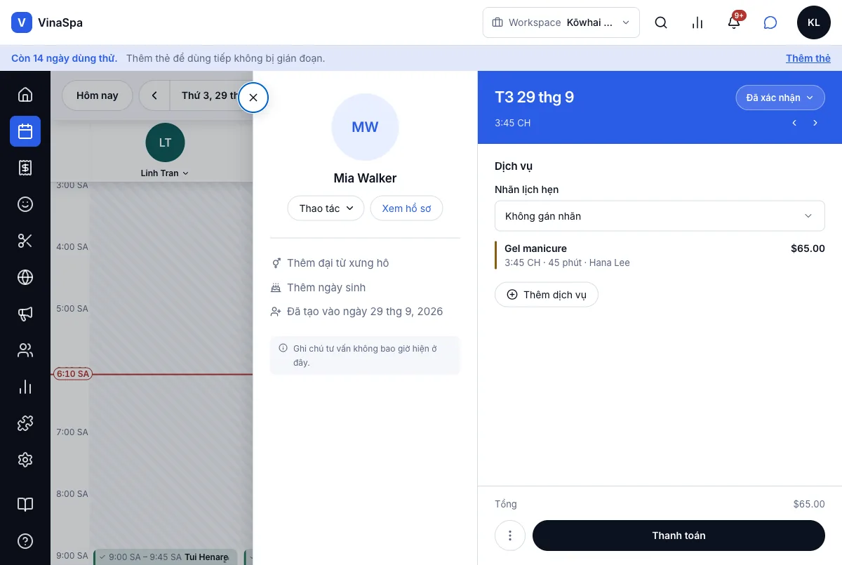 Khách vãng lai, tự xếp vào giờ trống gần nhất — Kết quả — Mia Walker, 3:45 chiều với Hana Lee — Máy tính