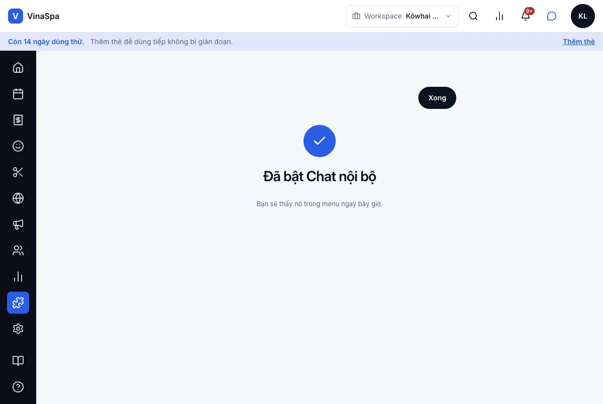 Bật/tắt từng module cho tiệm mình — Kết quả — Đã bật Chat nội bộ — Máy tính