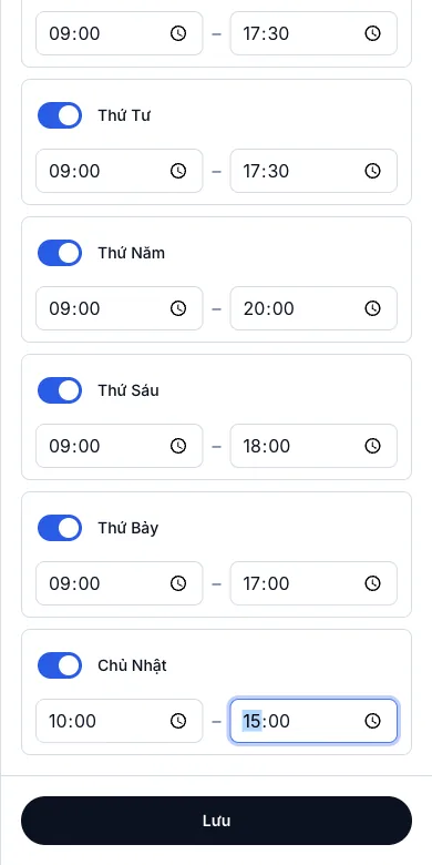 Giờ mở cửa theo từng ngày trong tuần — Sửa địa điểm — Chủ Nhật giờ đóng lúc 15:00 — Điện thoại