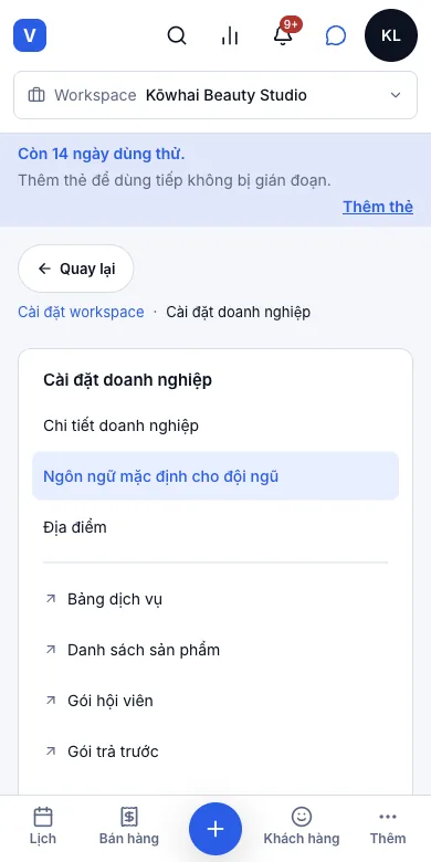 Mặc định ngôn ngữ theo tiệm, từng người đổi được — Ngôn ngữ mặc định cho đội ngũ — Điện thoại