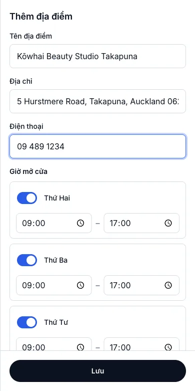 Quản lý nhiều chi nhánh — Thêm địa điểm — Takapuna — Điện thoại