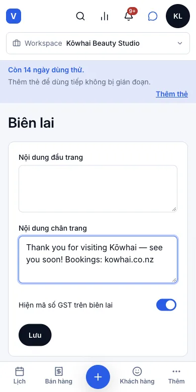 GST: bật/tắt, mã số, in trên hoá đơn — Biên lai — bật mã số GST, thêm chân trang — Điện thoại